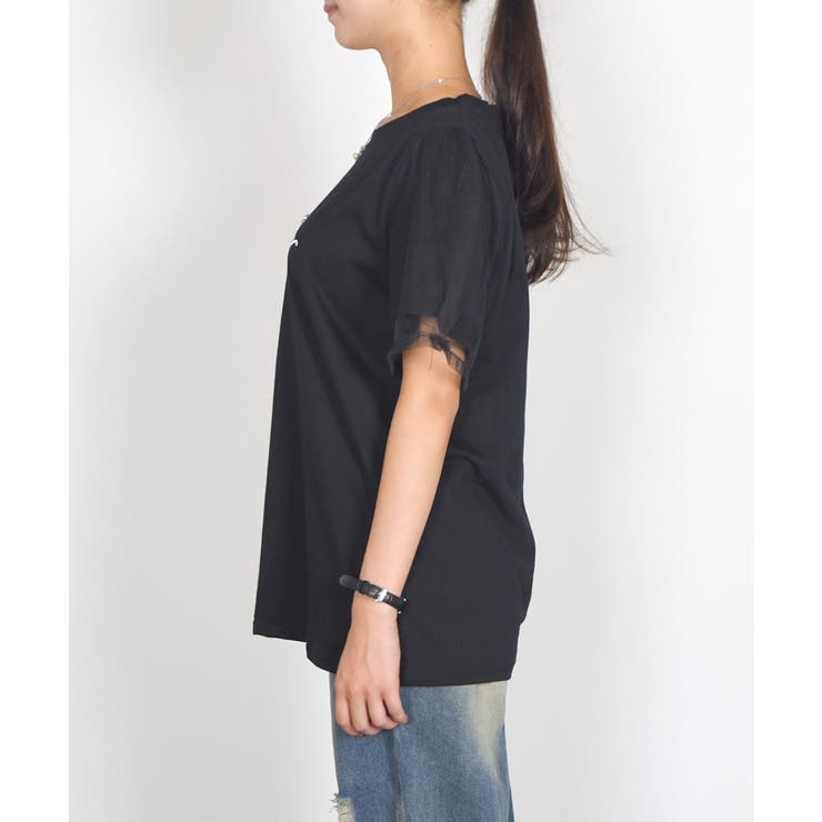 ロゴ入りチュール袖Tシャツ レディース 夏tシャツ[品番