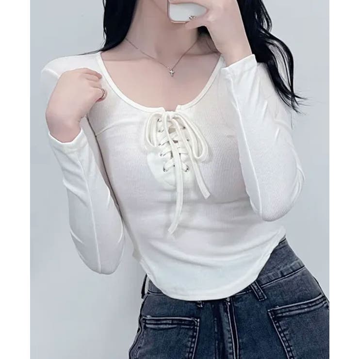 スクエアネックレースアップリブtシャツトップスレディース 長袖 春秋 | VIVID LADY | 詳細画像12 