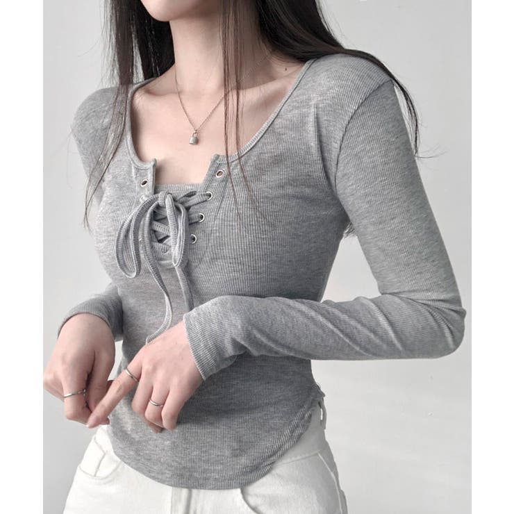 スクエアネックレースアップリブtシャツトップスレディース 長袖 春秋 | VIVID LADY | 詳細画像15 