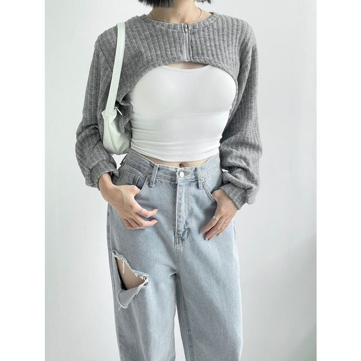 ジップアップクロップド丈ボレロtシャツ Y2K レディース[品番