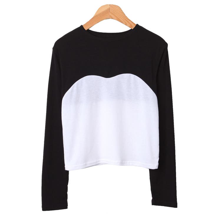 ブラック | 配色クルーネックtシャツ レディース 秋冬 | VIVID LADY