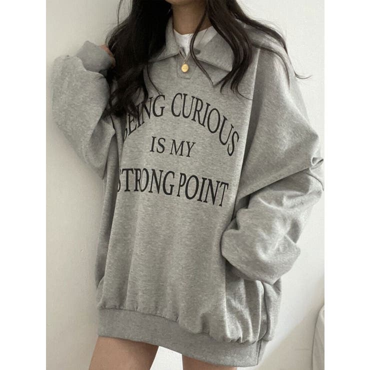 グレー | オーバーフィットバルーン袖襟トレーナー カジュアル ロゴ入りトレーナー | VIVID LADY