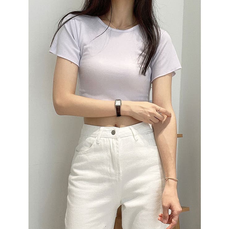 追跡便【 】スリム クロップド リブ 半袖Tシャツ ベーシック スリムフィット Uネック リブ クロップド 半袖 T