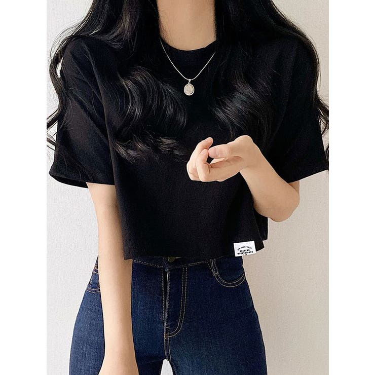 ラベル付きクロップド丈tシャツ半袖 レディース 無地[品番