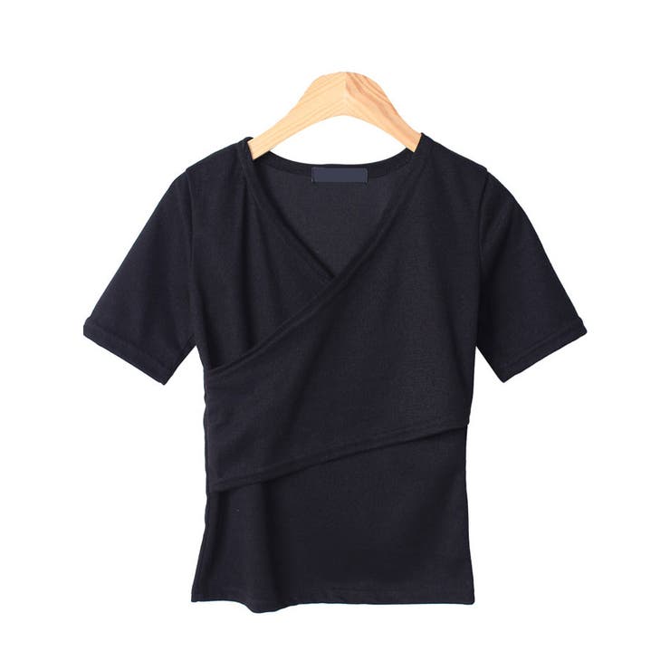 ブラック | 女性らしくラブリーなVネックラップ半袖Tシャツ レディース 半袖 | VIVID LADY