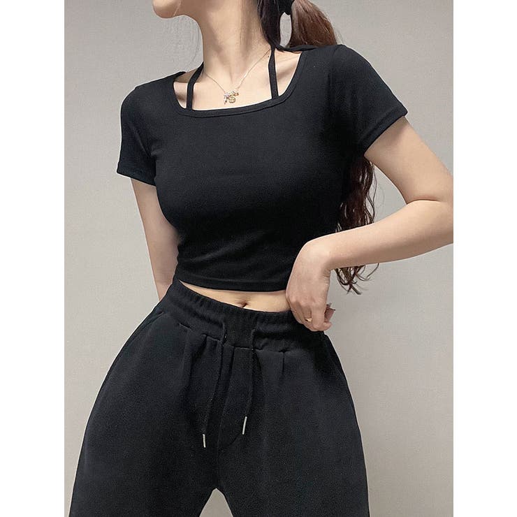 Y2K 半袖 Tシャツ ショートトップス ハイネック キュート ホルダーネッククロップド丈半袖Tシャツ レディース Y2K[品番