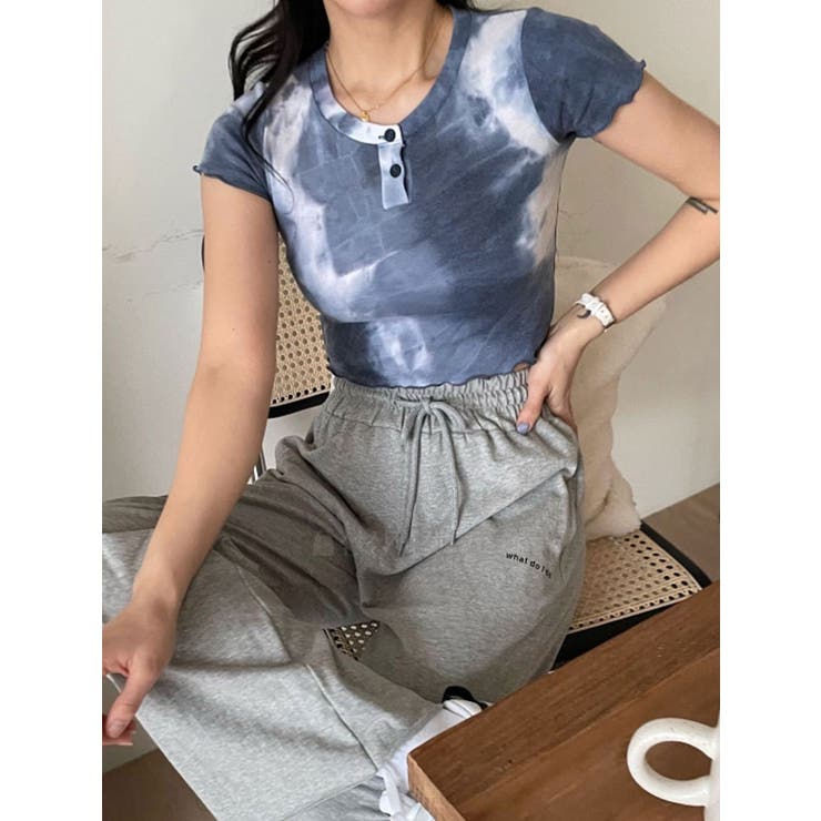 タイダイ柄ボタン付きクロップド丈半袖Tシャツ レディース Y2K[品番