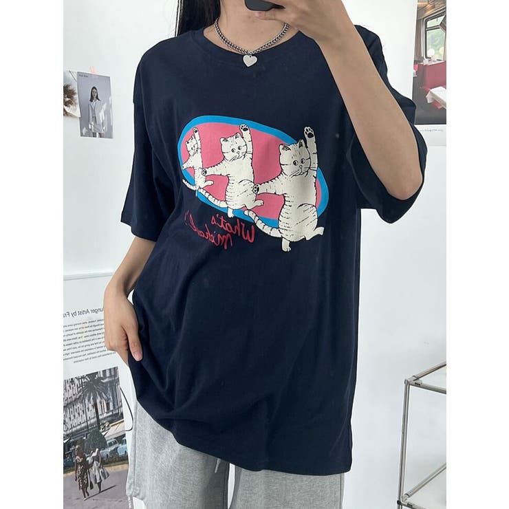 可愛い猫プリント半袖Tシャツ 全3色 レディース[品番：KH000012662