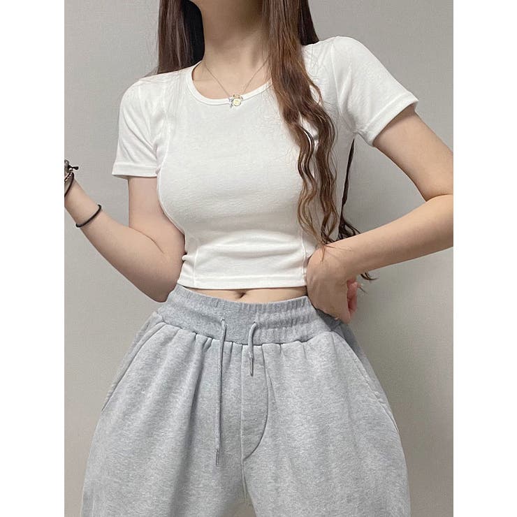 無地クルーネッククロップド丈Tシャツ 全4色 y2k[品番
