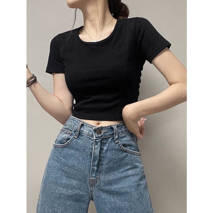 無地クルーネッククロップド丈Tシャツ 全4色 y2k[品番：KH000012703