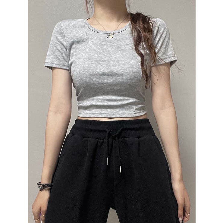 無地クルーネッククロップド丈Tシャツ 全4色 y2k[品番
