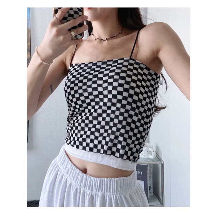 ブラック | チェスチェック柄ショート丈Tシャツ y2k クロップド丈 | VIVID LADY
