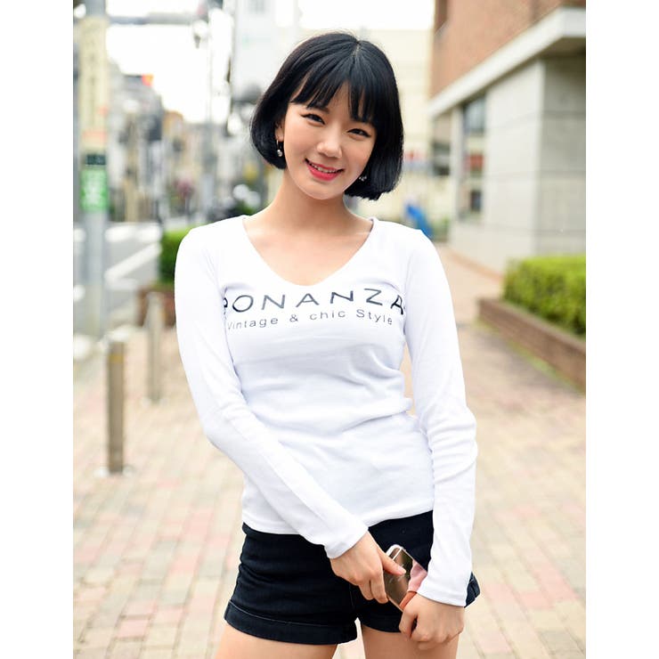 韓国春トレンドVネック長袖Tシャツ VネックスリムTシャツ 長袖 Tシャツ[品番：KH000011414]｜VIVID