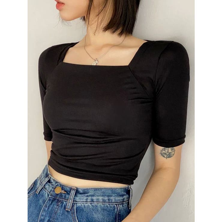 クロップド丈スクエアネック半袖Tシャツ レディース クロップド丈tシャツ | VIVID LADY | 詳細画像3 