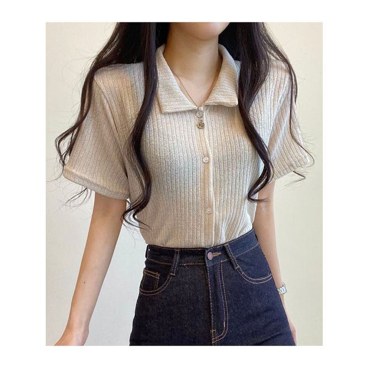 クロップド丈リブ襟付き半袖Tシャツ レディース クロップド丈t