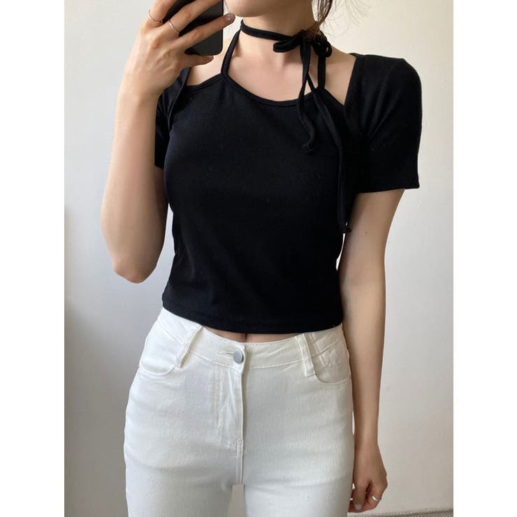 tシャツ チョーカー付きリボンカットソー レディース 4COLOR☆Vネックチョーカー風リボン装飾長袖カットソーTシャツ