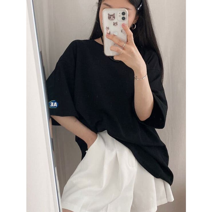 袖パッチオーバーフィット半袖Tシャツ レディース 大きいサイズ