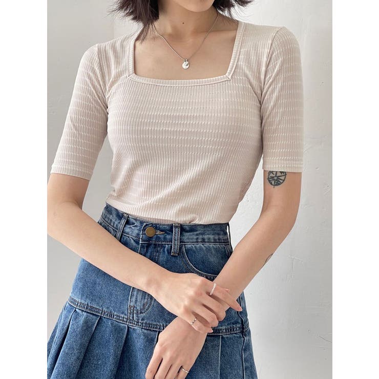 【通販激安】 ボーダー柄スクエアネック半袖tシャツ レディース 夏[品番 その他の袖丈