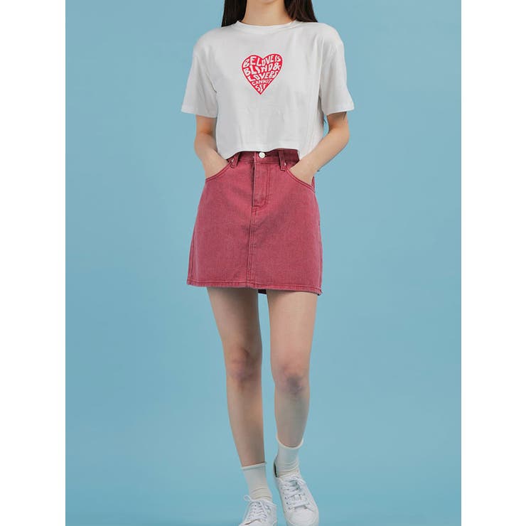 ハートロゴ入りクロップド丈半袖Tシャツ レディース 夏