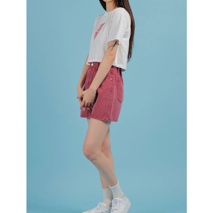 ハートロゴ入りクロップド丈半袖Tシャツ レディース 夏[品番