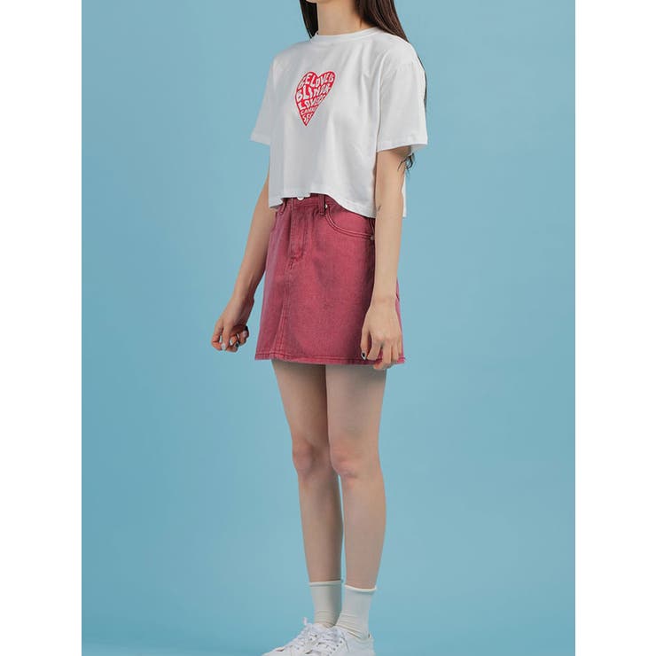 ハートロゴ入りクロップド丈半袖Tシャツ レディース 夏[品番