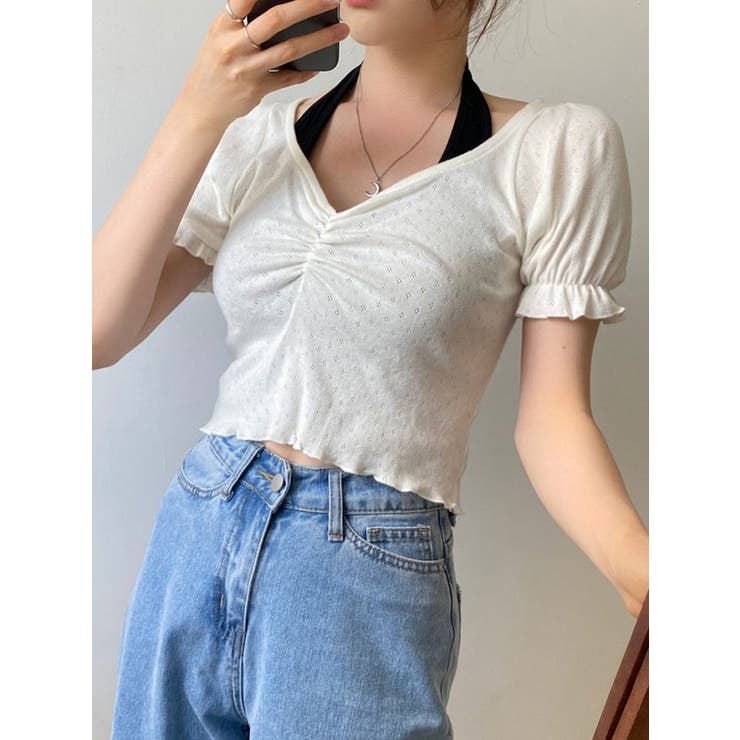 女性らしいシャーリングパフ半袖tシャツ レディース 夏 | VIVID LADY | 詳細画像9 