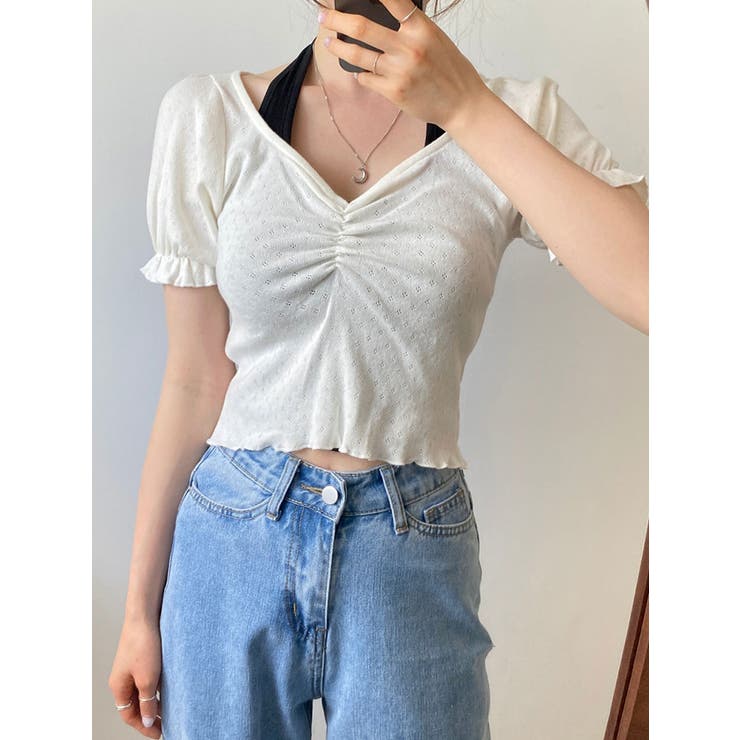 アイボリー | 女性らしいシャーリングパフ半袖tシャツ レディース 夏 | VIVID LADY