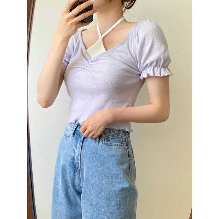 ライトパープル | 女性らしいシャーリングパフ半袖tシャツ レディース 夏 | VIVID LADY