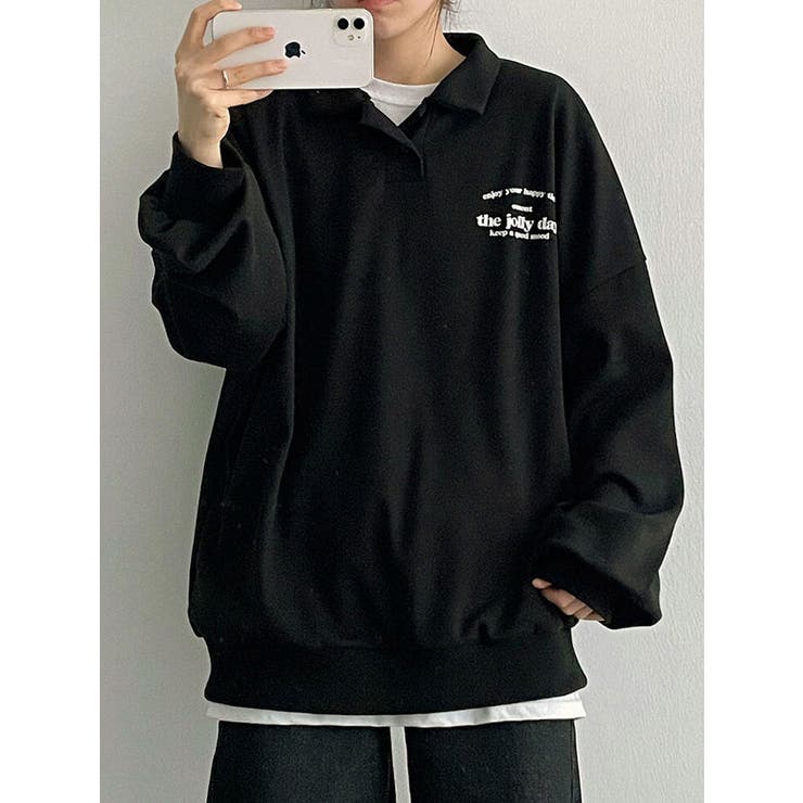 ブラック | 春オーバーフィット襟付きロゴ入りトレーナー 長袖トップス レディース | VIVID LADY