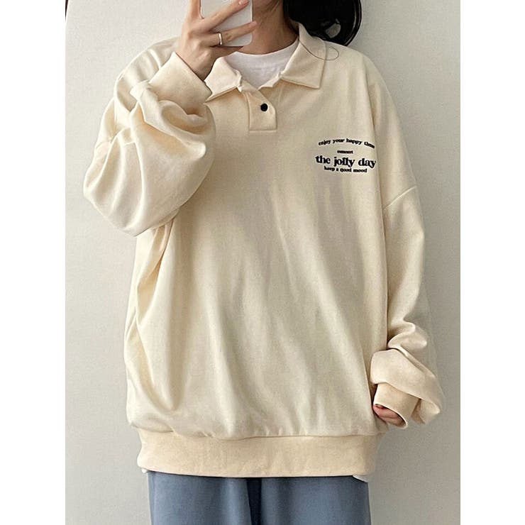 クリーム | 春オーバーフィット襟付きロゴ入りトレーナー 長袖トップス レディース | VIVID LADY