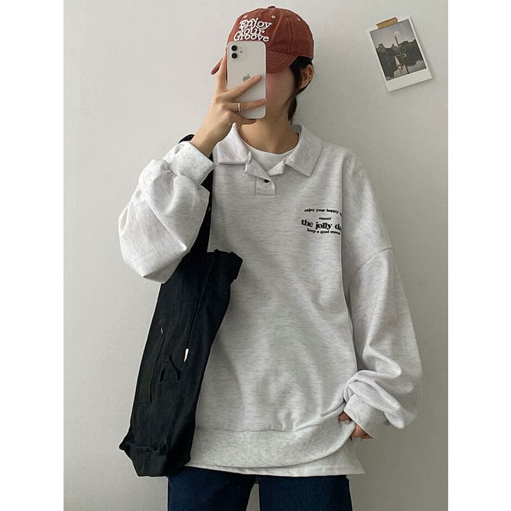 ホワイトメランジ | 春オーバーフィット襟付きロゴ入りトレーナー 長袖トップス レディース | VIVID LADY