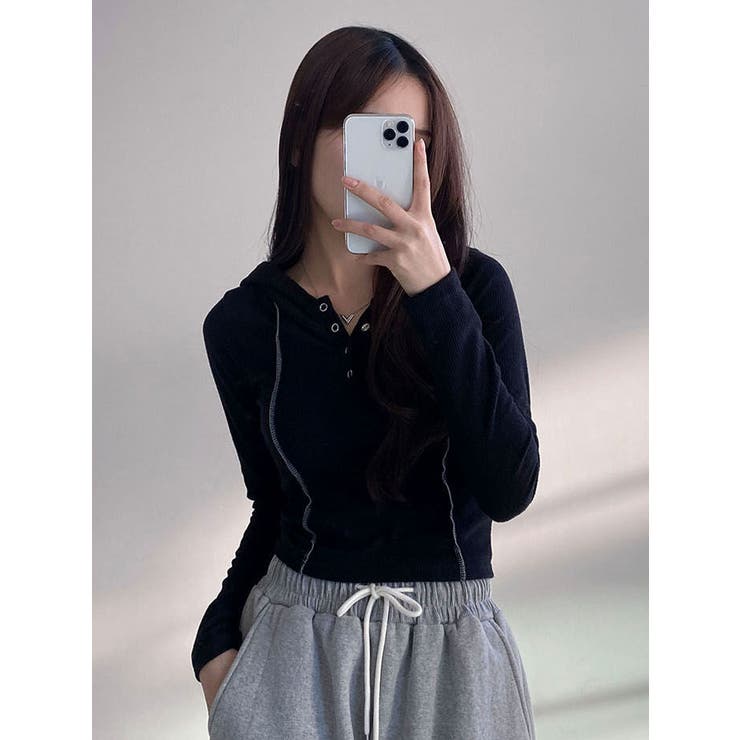 春フード付きクロップドTシャツ リブトップス長袖 韓国ファッション
