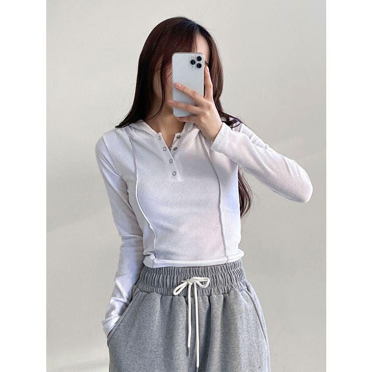 春フード付きクロップドTシャツ リブトップス長袖 韓国ファッション