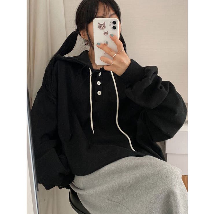 ボタン付きパーカー長袖 オーバーフィット tシャツ[品番