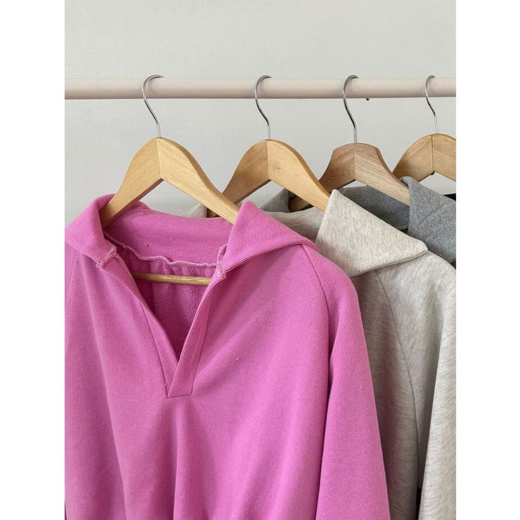 襟付きVネッククロップトレーナー長袖 tシャツ ショート丈[品番