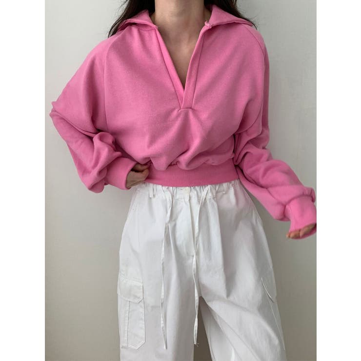 襟付きVネッククロップトレーナー長袖 tシャツ ショート丈[品番 襟付きVネッククロップトレーナー長袖 tシャツ ショート丈[品番