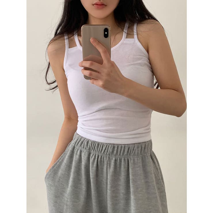 アイボリー | ２ラインスリムノースリーブtシャツ クロップド丈 レディース | VIVID LADY