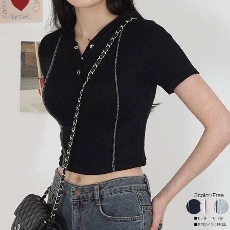 スリムフィットリブフード付きtシャツ 半袖 Y2K[品番