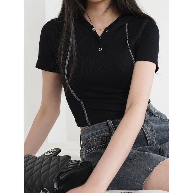 スリムフィットリブフード付きtシャツ 半袖 Y2K | VIVID LADY | 詳細画像9 