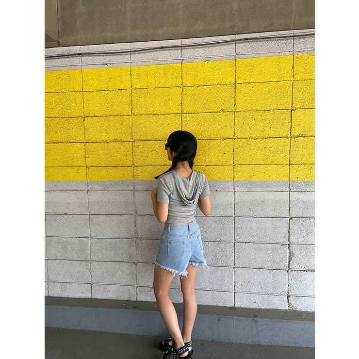 スリムフィットリブフード付きtシャツ 半袖 Y2K[品番