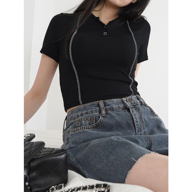 スリムフィットリブフード付きtシャツ 半袖 Y2K | VIVID LADY | 詳細画像11 