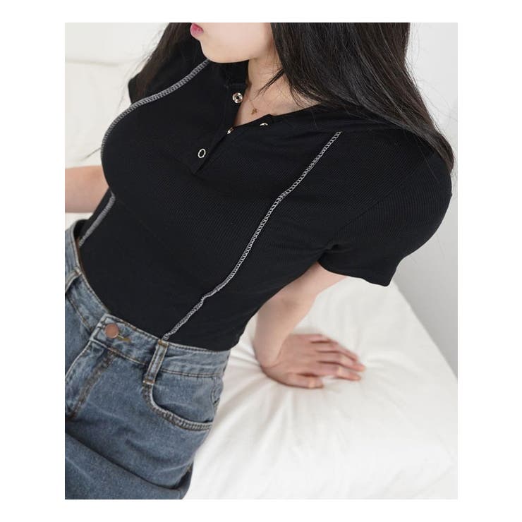 スリムフィットリブフード付きtシャツ 半袖 Y2K[品番