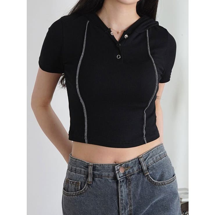 スリムフィットリブフード付きtシャツ 半袖 Y2K[品番