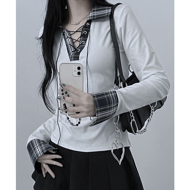 レース編みチェック配色シャツカットソー | VIVID LADY | 詳細画像1 