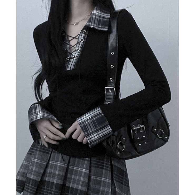 レース編みチェック配色シャツカットソー | VIVID LADY | 詳細画像8 