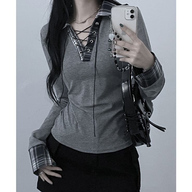 グレー | レース編みチェック配色シャツカットソー | VIVID LADY