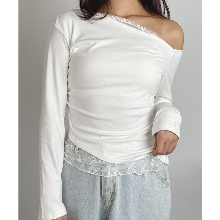 レース レイヤード風 オフショルダー Tシャツ 長袖[品番