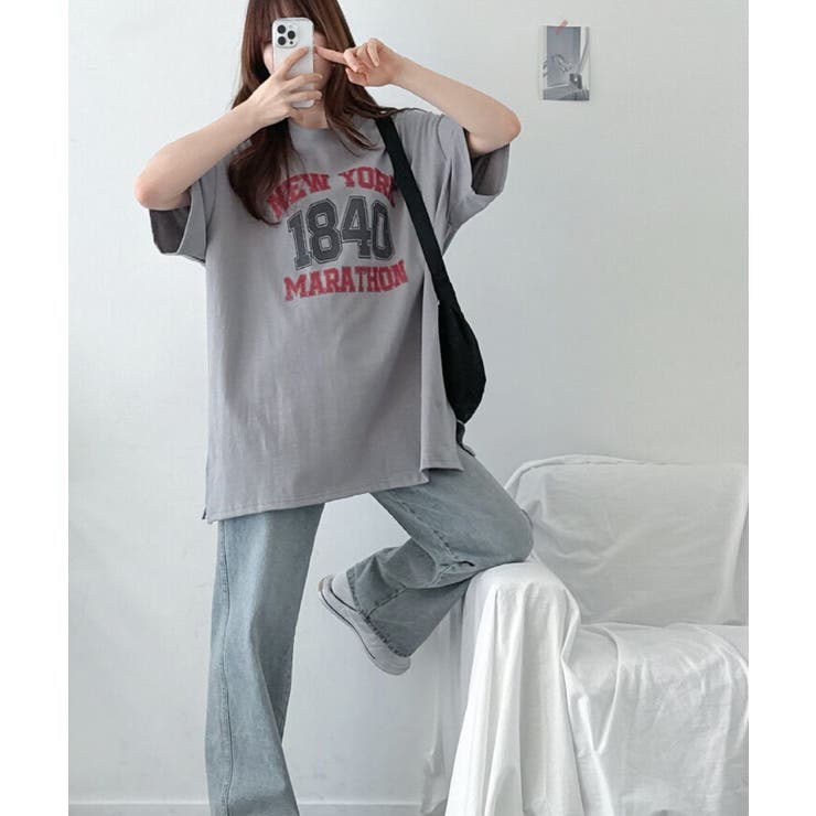 文字プリントオーバーサイズTシャツ 半袖[品番：KH000015385