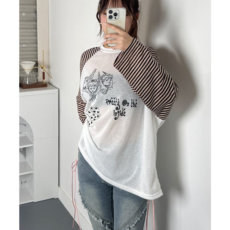 ボーダースリーブ シアー ラグラン Tシャツ 長袖[品番