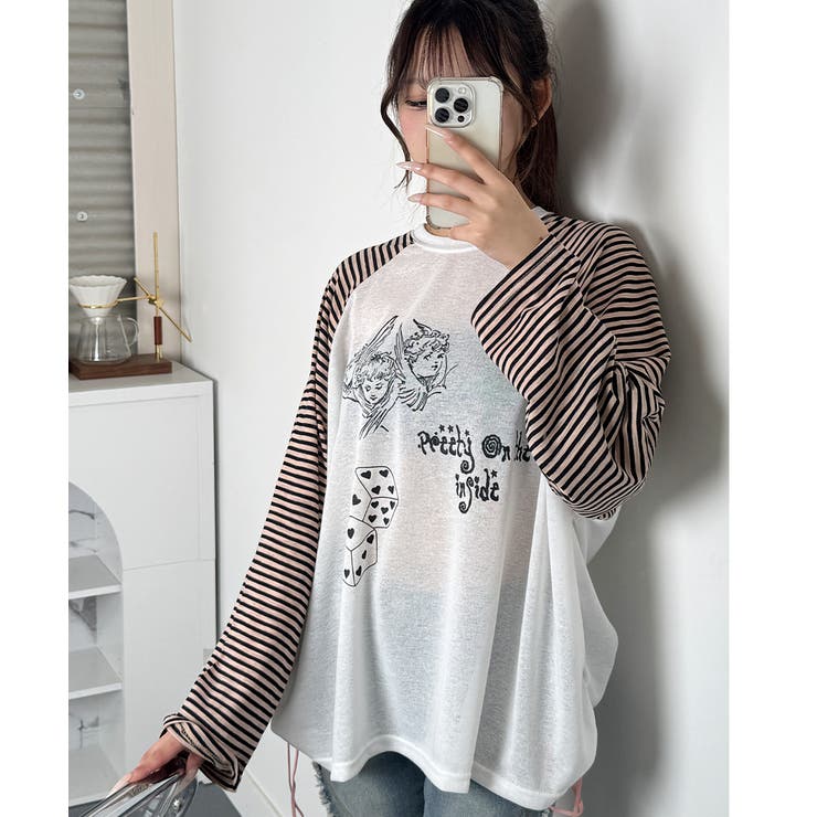 ボーダースリーブ シアー ラグラン Tシャツ 長袖[品番